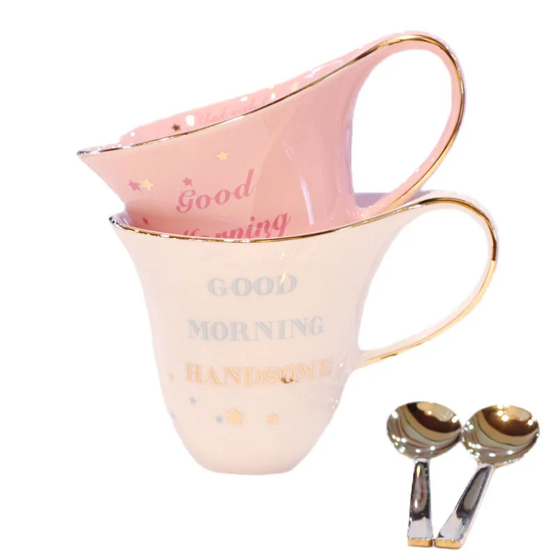 

European-style Gold Heart-shaped Coffee Cup Creative Couple Pair Ceramic Mug Send Spoon Drinking Glass Birthday Wedding Gift