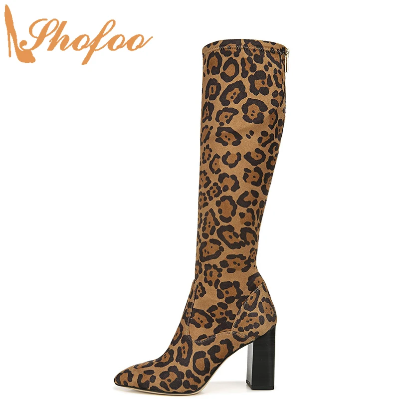 

Brown Leopard Women Knee Long Boots High Chunky Heels Pointed Toe Zipper Large Size 13 16 Ladies Winter Mature Warm Shoes Shofoo