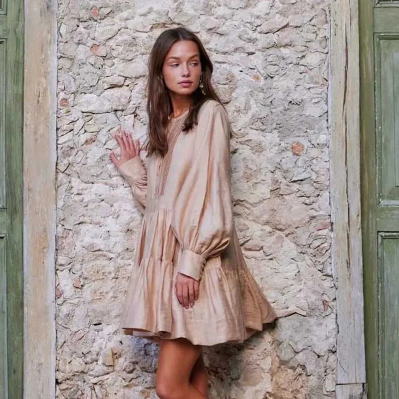 

Autumn Line Draped Party Dress Women Long Balloon Sleeves Tuxedo Shirt Dresses Femme Tiered Pleating Boho Dress Winter