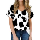 Футболка размера плюс женская с V-образным вырезом и карманами, Модный повседневный Свободный Топ с принтом коровы, Пляжная уличная одежда с коротким рукавом