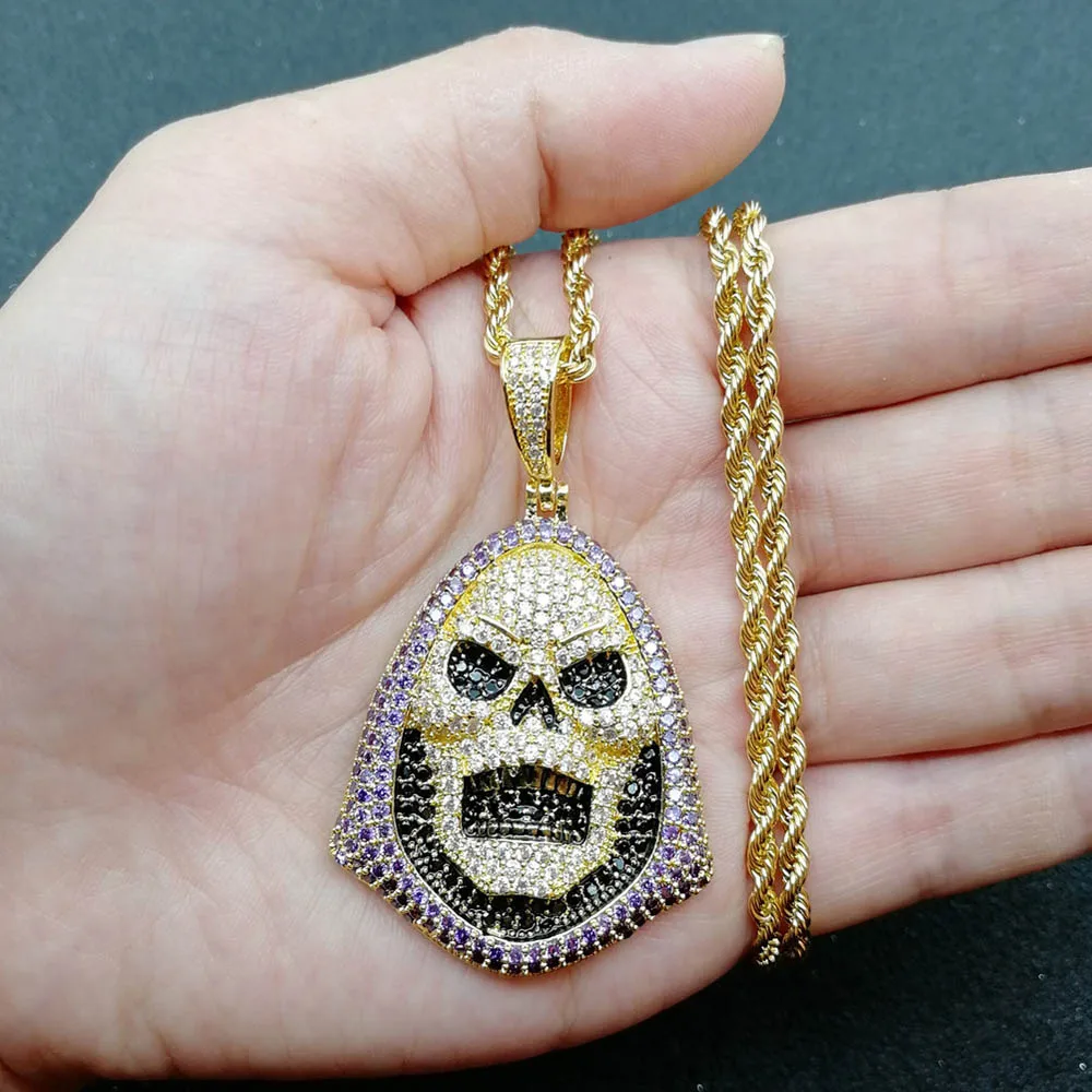 Mens Woman Hip-hop Trendy Iced Out Cubic Zirconia Funny Skull Death Cartoon Pendant Necklaces Bling Jewelry Hallowmas Gift | Украшения и