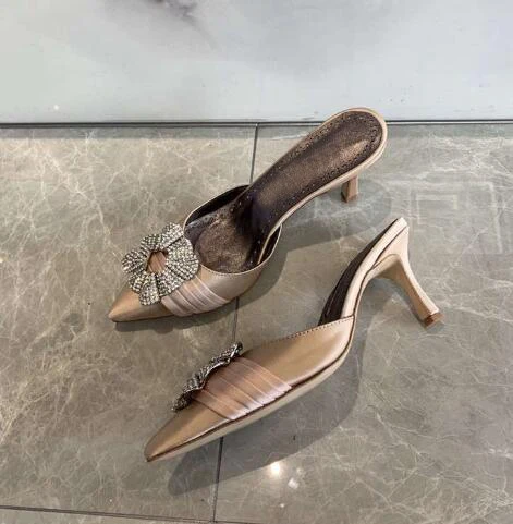 

BONJEAN Summer Crystal Embellished High Heel Shoes Women Pointed Toe Stiletto Heels Sexy Mules Black Red