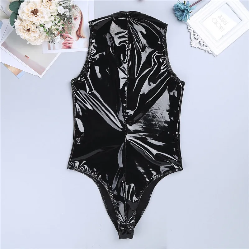 Мужской черный слитный купальник из лакированной кожи без рукавов сексуальный