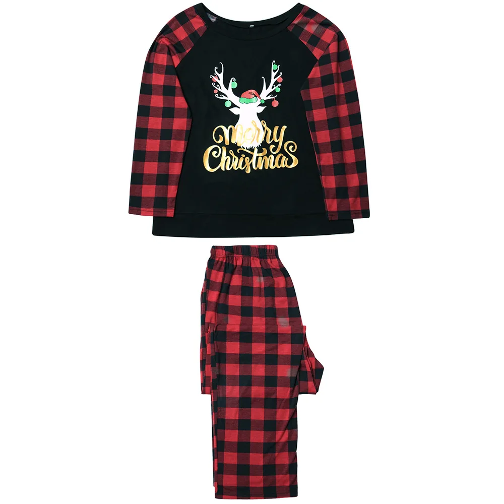

2021Christmas Parent-Child Fawn Check Pattern Print Polyester Home Wear New Year's Family Wear Long-Sleeved Pajamas Set