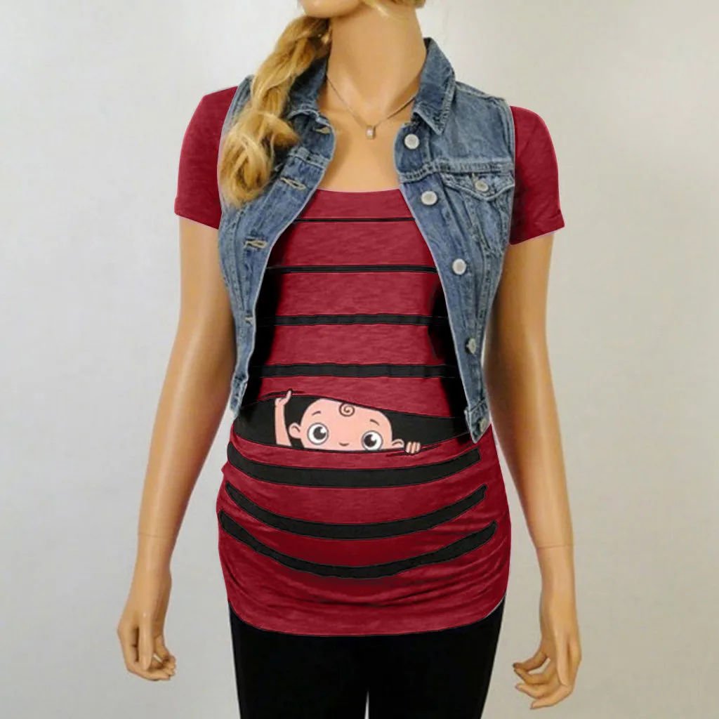 Милая забавная полосатая футболка с принтом для беременных коротким рукавом