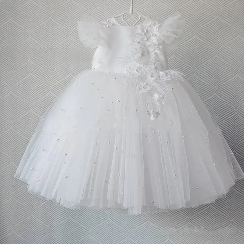 Toddler Baptism Gown White Tulle Pearls Princess Party Gown Baby Girl First Birthday Dress New Year 9M-10Y Photography enlarge