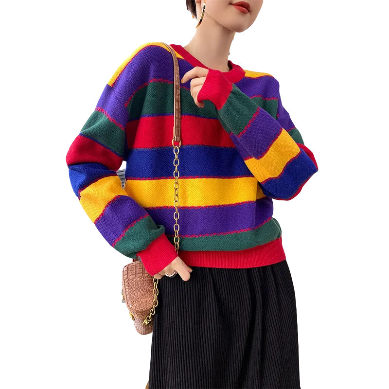 

LANMREM 2021 Spring Rainbow Long-sleeved Contrast Color Stripe Loose Korean Style Round-neck Fashion Sweater For Women 2A3158