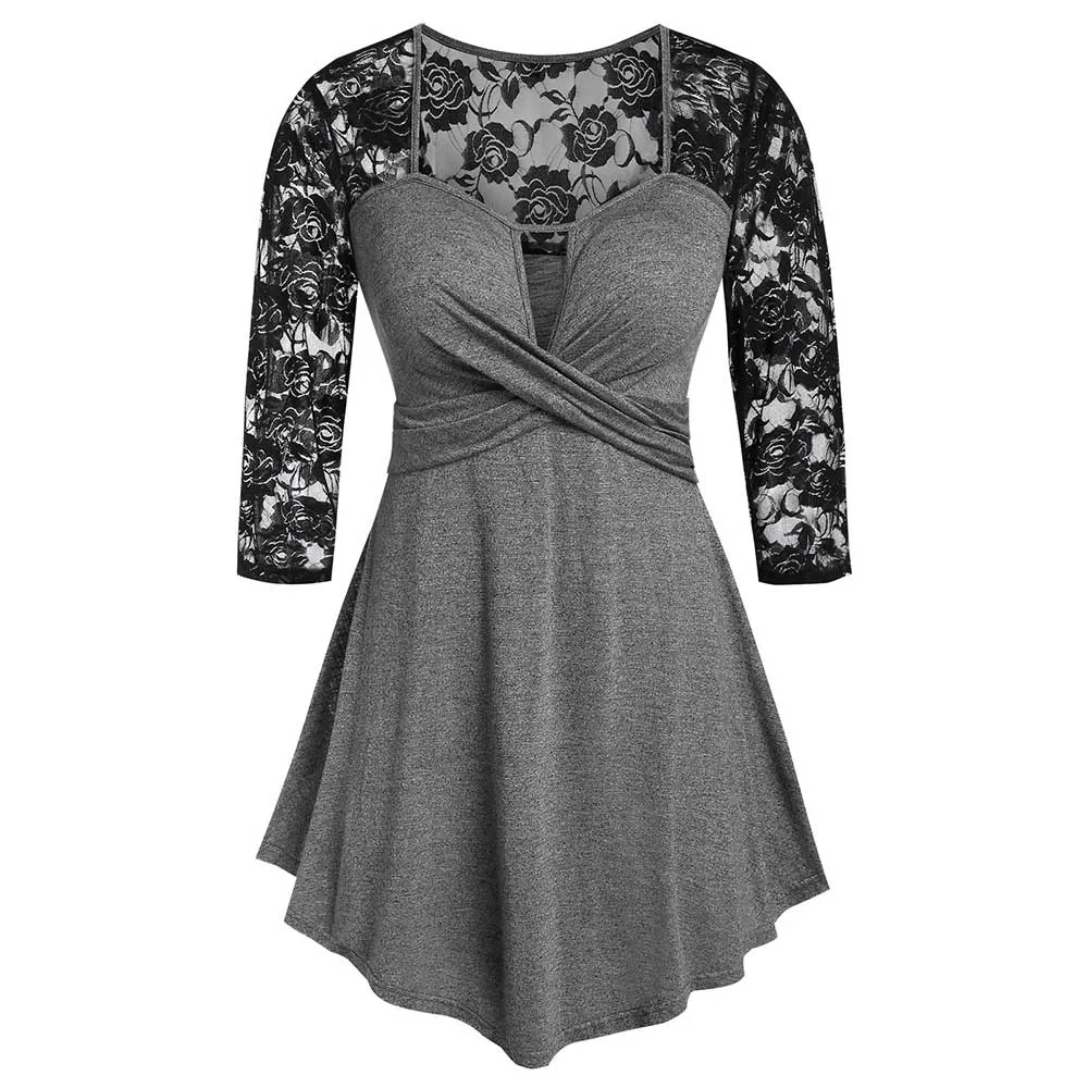 Женская Кружевная футболка с вырезом замочком ROSEGAL длинная рубашка высокой