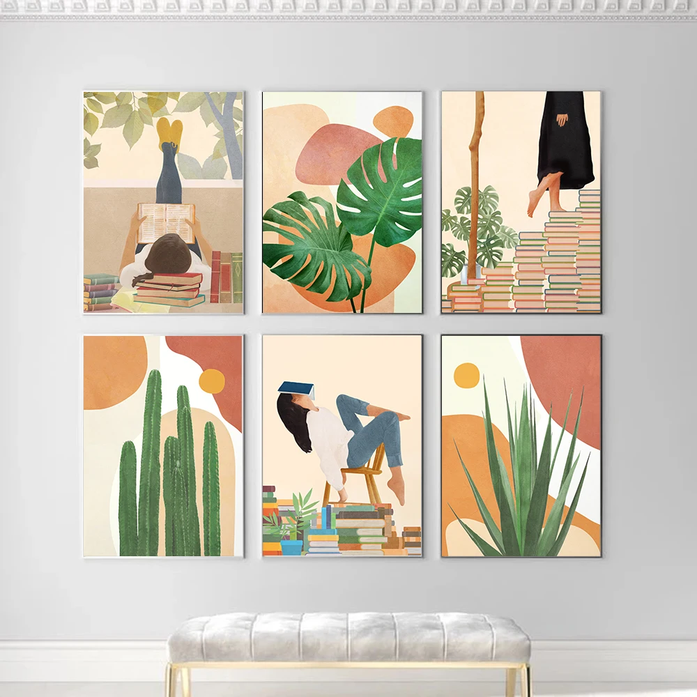 

Wall Art Canvas Painting Abstract Boho Girl Book Nordic Posters And Prints Monstera Agave Cactus Wall Pictures For Living Room