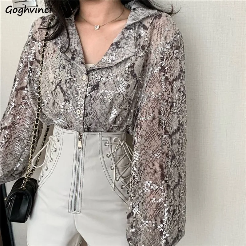 

Women Sets Chiffon Single Breasted Snake Pattern Blouses Breathable Thin Casual High Waist Bandage Shorts Sexy Ladies Trendy New