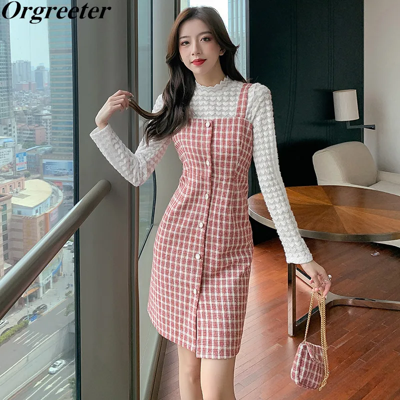 

Женский винтажный клетчатый твидовый костюм, комплект из 3 предметов, однотонная кружевная блузка + однобортное шерстяное платье + сумочка, ...