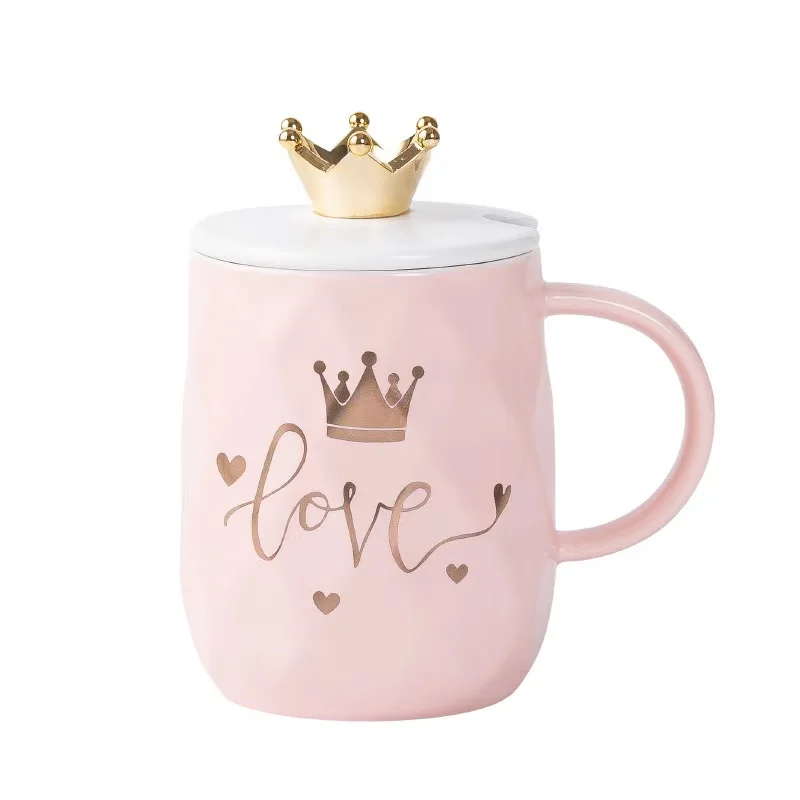 

Creative pink crown mug, Nordic romantic ceramic coffee cup with lid, with coffee spoon, unique and novel shape