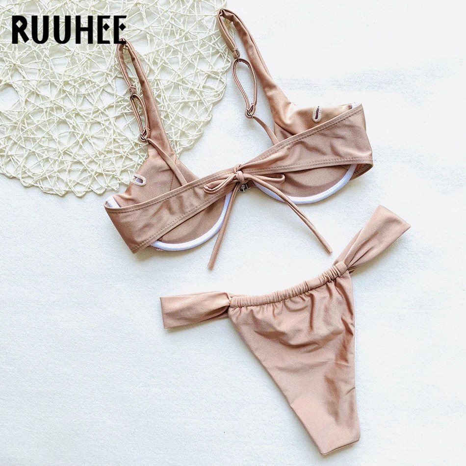 RUUHEE, сексуальный Одноцветный бикини, женский купальник, купальник, женский, с пряжкой спереди, купальный костюм с пуш-ап, с накладкой, бикини, набор, высокое качество, пляжная одежда