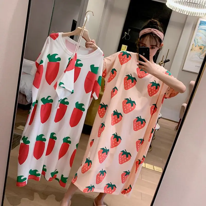 

Oversized Summer Loose Women Cartoon Sleepwear Leisure Short Sleeve Thin Nightgowns Printing Fruits Big Size Nightdress