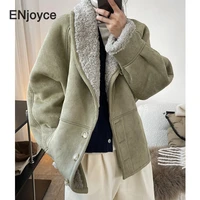 women vintage lamb wool sheepskin coat genuine granular sheep shearing jacket female casual collarless warm outerwear winter