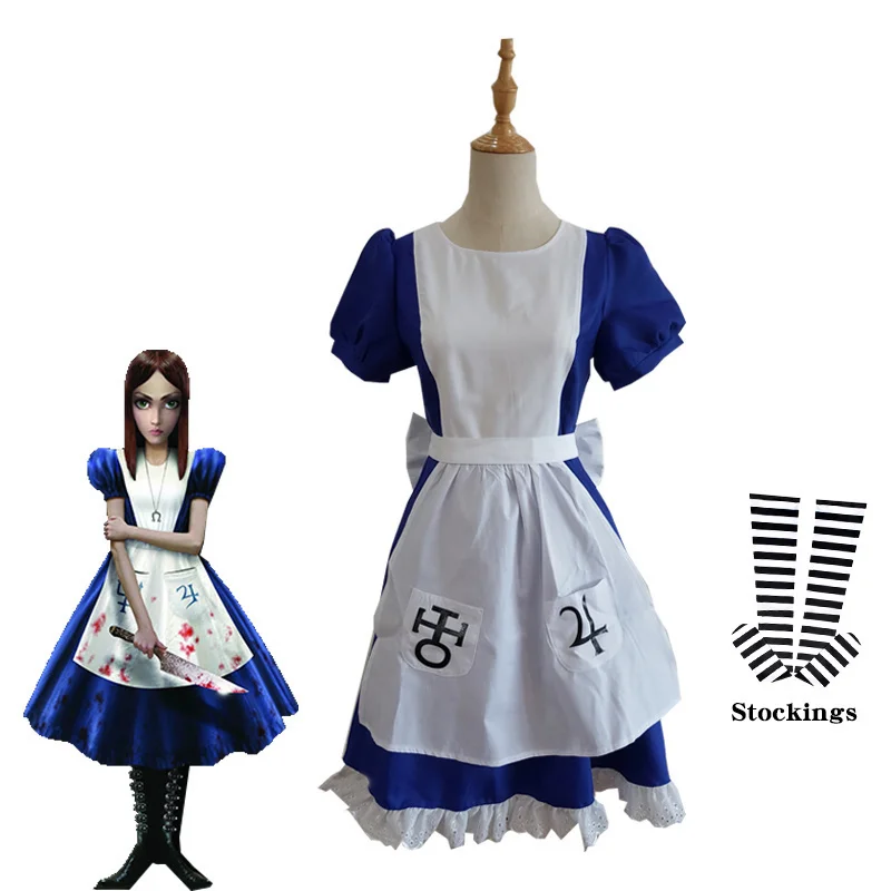 

Game Alice Madness Returns Cosplay Costume Halloween Carnival Uniforms Blue Maid Dress With Stockings Restaurant Servant Outfit