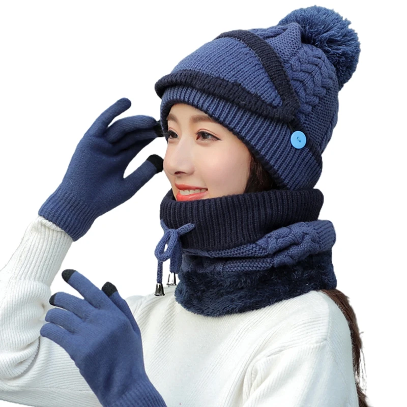

Women Winter 4Pcs Plush Lined Beanie Hat Scarf Face Mask Touch Screen Gloves Set 85WB