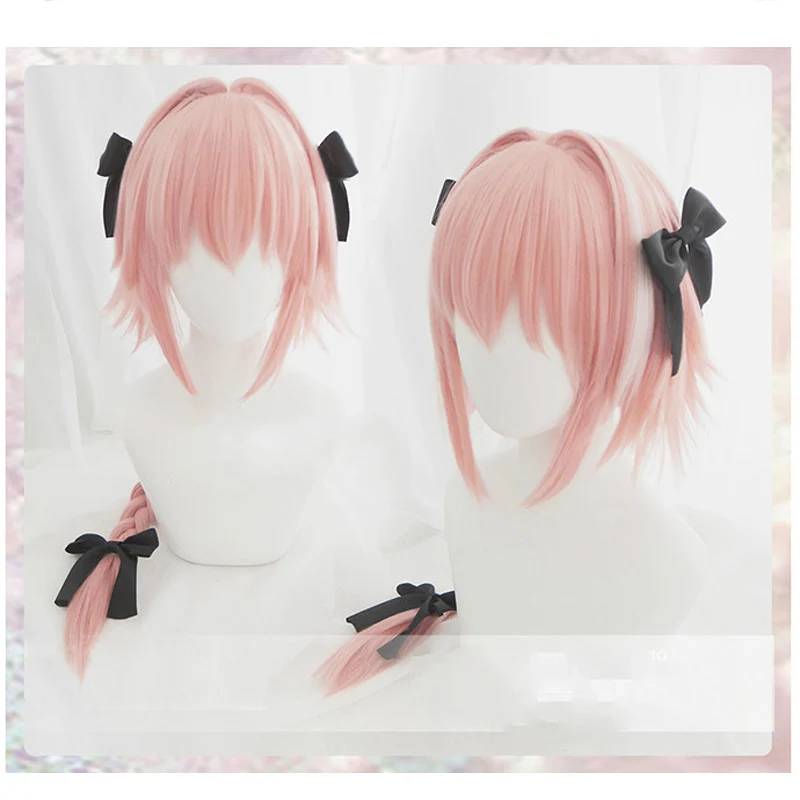 

Astolfo Fate Apocryph Cosplay Wigs Long Pink Braided Heat Resistant Synthetic Hair Perucas Cosplay Wig +3 Black Bows + Wig Cap