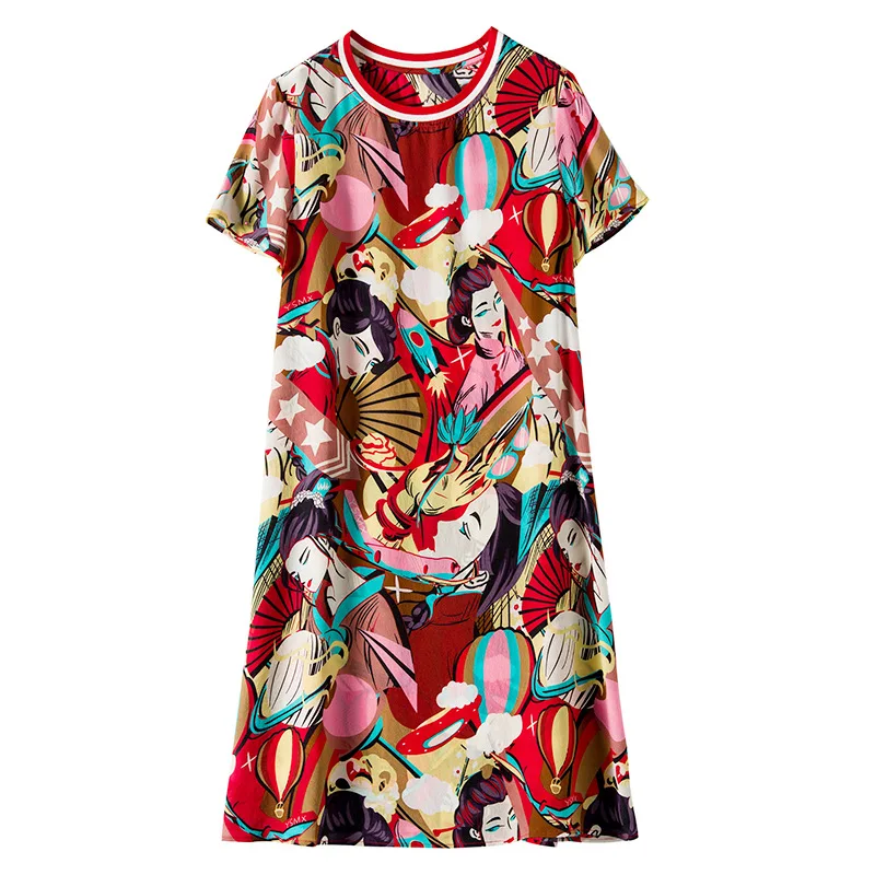 

Women's net red silk dress classic beauty head print silk skirt 68991