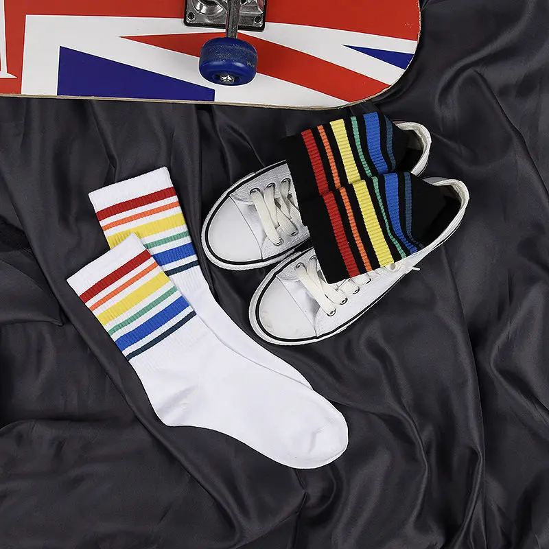 

Модные хлопковые мужские и женские Носки Rainbow в полоску, дышащие удобные черные и белые повседневные носки, подходящие ко всему