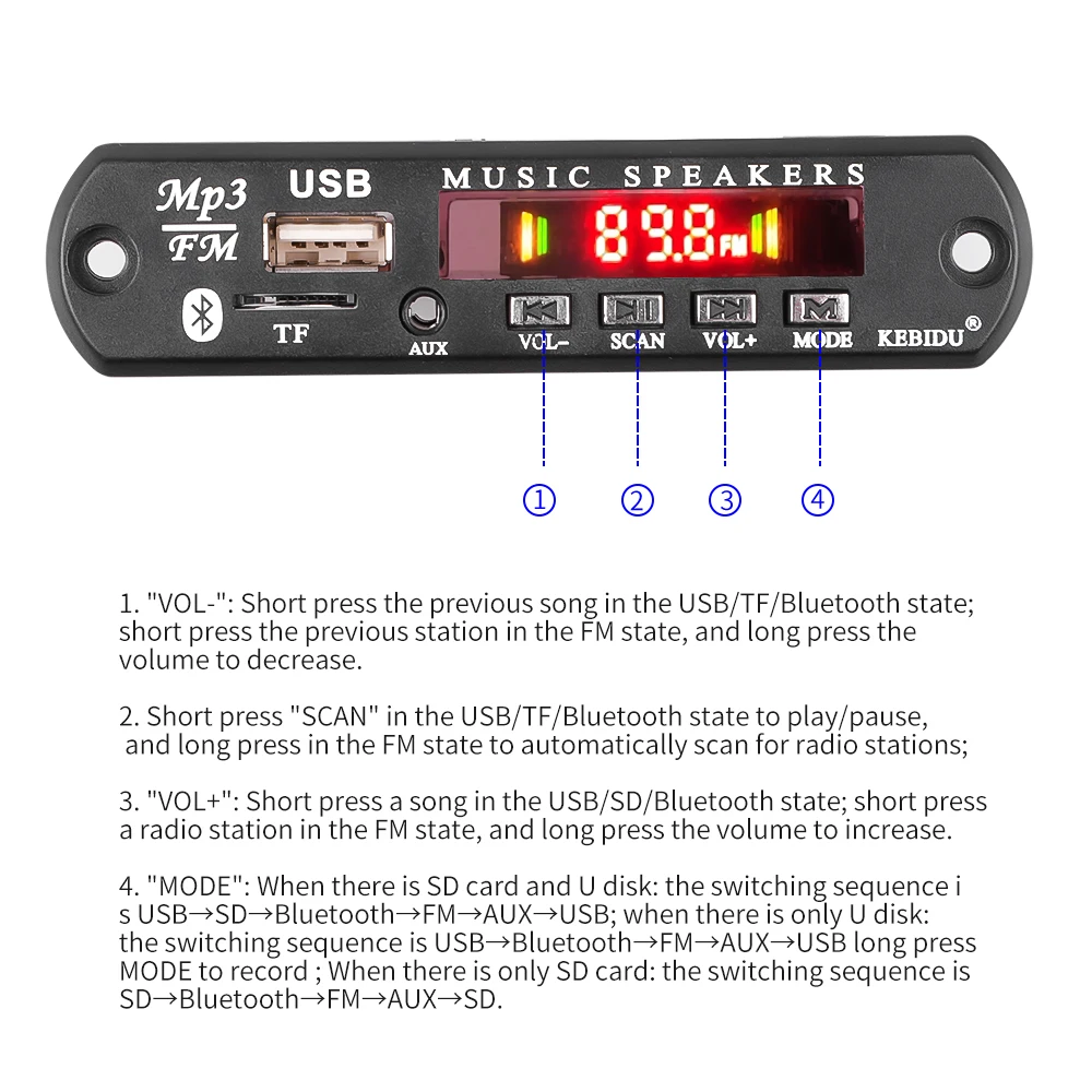 MP3 декодер Kebidu DC 12 В без потерь Плата USB говорящий записывающий модуль