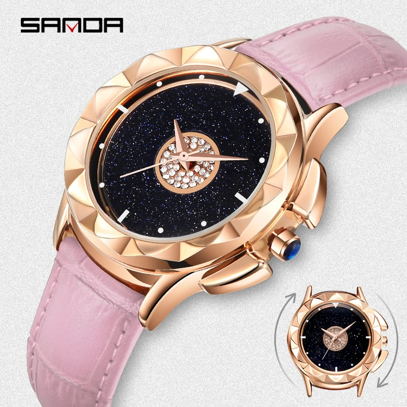 

SANDA Rotating Watch Women Rhinestone Ladies Dress Women Watches Diamond Luxury Brand Wristwatch Ladies Crystal Quartz Clocks