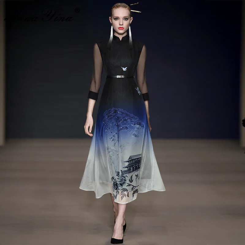 

Fashion Designer Autumn Dress Women Mesh 3/4 sleeve Butterfly Embroidery Printed Elegant Vacation Long Dress