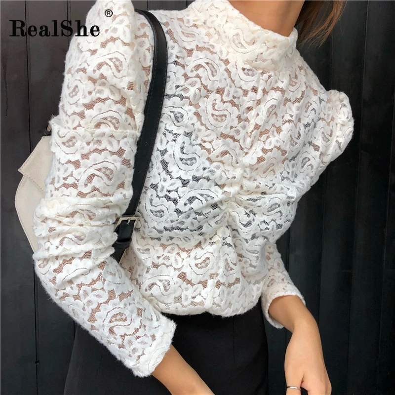 RealShe Женские топы и блузки с круглым вырезом длинным рукавом буфами однотонная