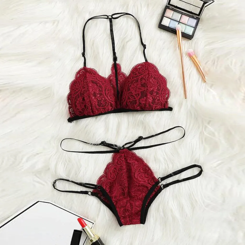 

Women Lace Sexy Lingerie Set Hollow Out Exotic Bra G-string Thong Underwear Elegant Sleepwear Ladies Split Lingeries Sets 2021