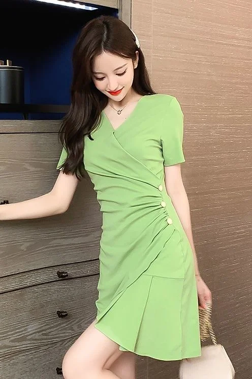 

Dress women's waist in 2021 summer new Korean fashion slim V-neck dress