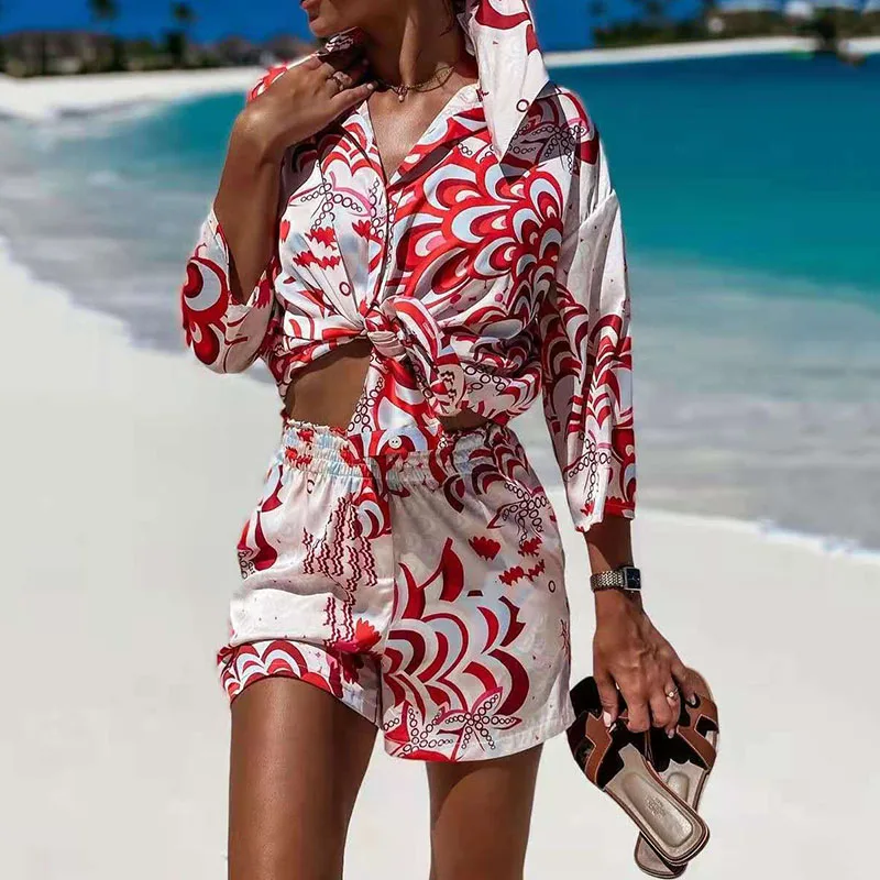 

New Women Beach Style Turn-Down Collar Shorts 2 PCS Sets Summer Three Quarter Sleeve Elastic Waist Suit Plus Size 3XL Streetwear