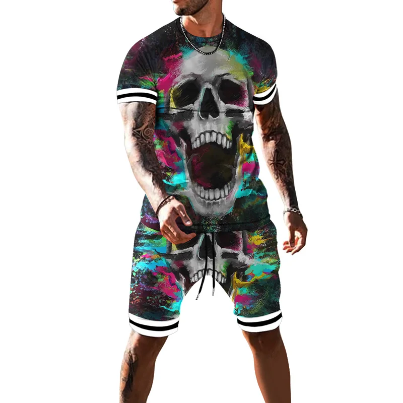 

2021 Skull Pattern New Summer Short Sleeve Sport Suits Men's Tracksuit Breathable Male Sportswear 2 Piece Set Men Shorts + T Shi