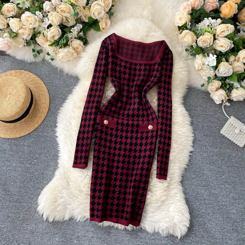 

2020 Brand Design Square Collar Vintage Plaid Bodycon Dress Women Autumn Winter Elegant Office Dress Fashion Knit Dress
