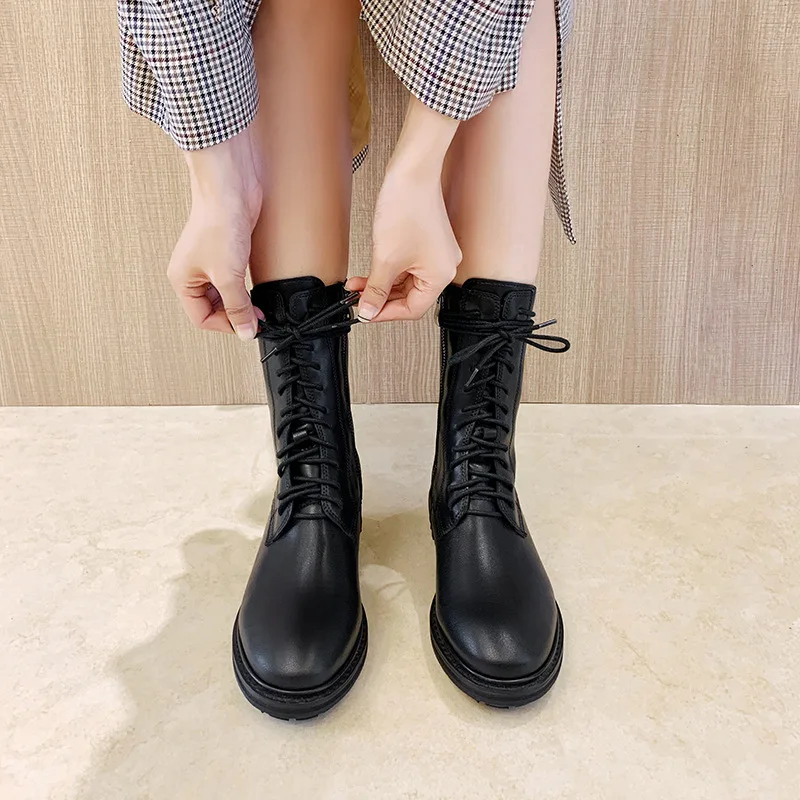 

Женские ботинки на толстой подошве, черные повседневные ботинки на шнуровке, на высоком каблуке, средней высоты, для осени и зимы