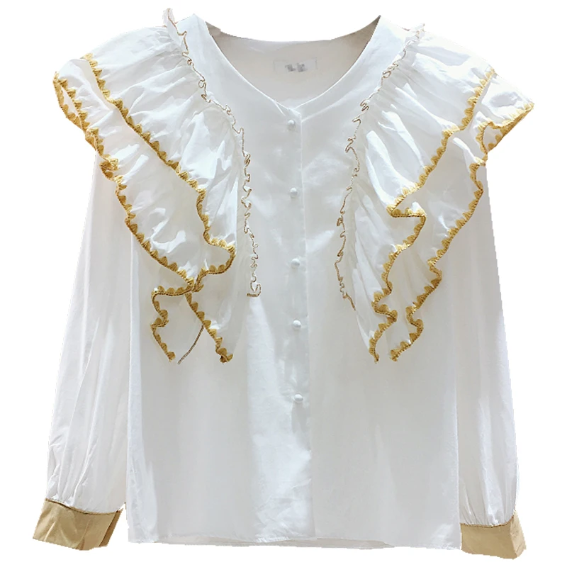 

Vintage Contrast Ruffles Patchwork Solid O Neck Full Shirt Women's 2021 Spring Top Blouse