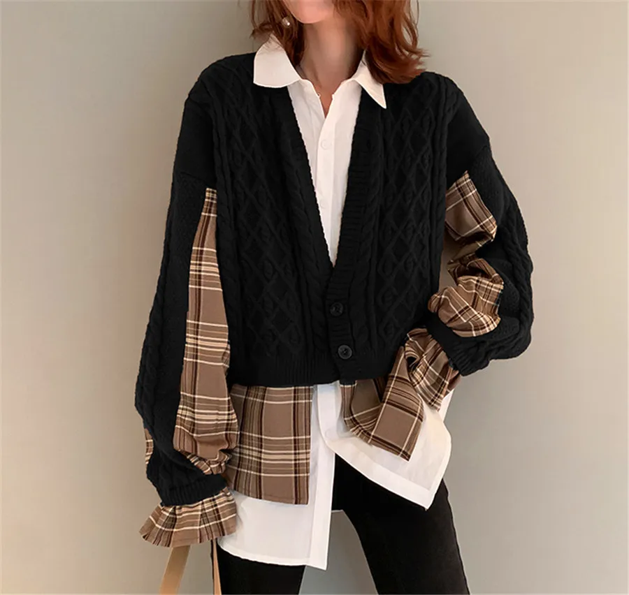 Getspring Women Sweater Spliced Asymmetry Fake Two Knitting Cardigan Irregular Color Matching Casual Cardigans Sweaters 2021 |