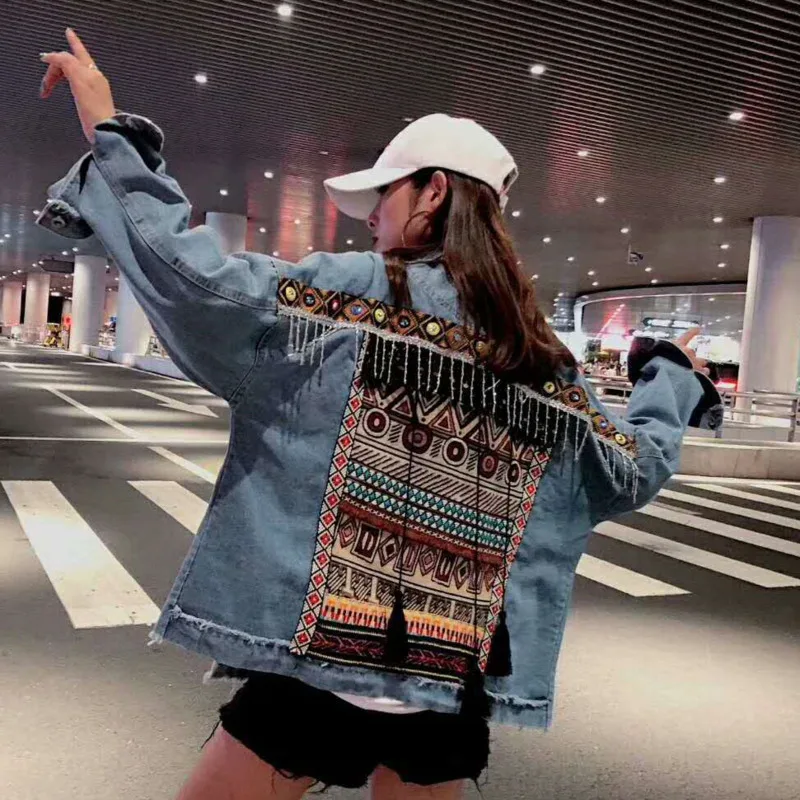 

QIMG MO Women Geometric Pattern Coat Women Vintage Style Embroidery Denim Coat With Tassel 2021 Autumn Hot ZQY1186