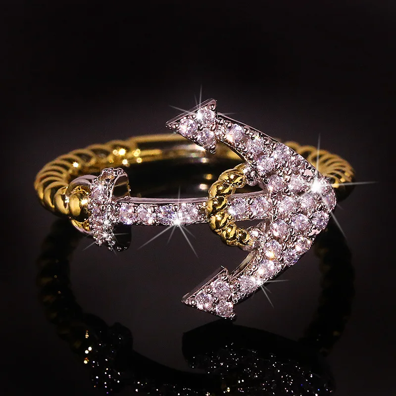 2021 New Yellow Gold Anchor with white Zircon Stone Ring for Women Man Fashion Jewelry Wedding Engagement Rings Cute GIft