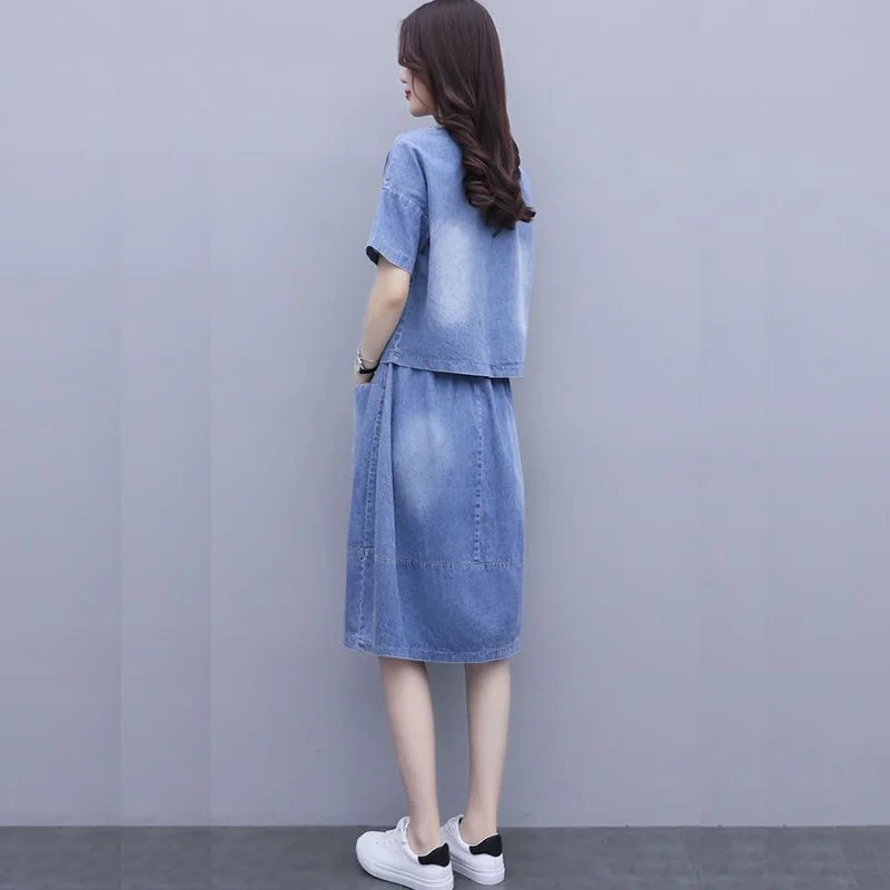 

Summer Women Mid-length Thin Denim Shirts And Skirts 2pcs Tracksuit For Female Korean Casual Loose Jeans Two-piece Suit New