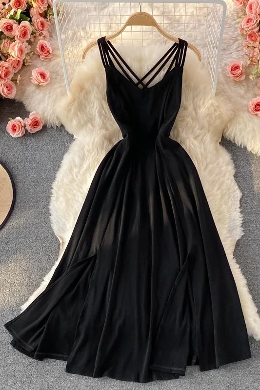 

Seaside travel and holiday sexy open back wide swing dress super slim waist V-neck suspender dress summer