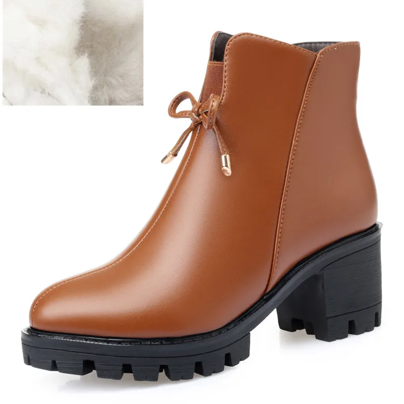 brown- wool AIYUQI ботильоны на платформе; женская теплая зимняя обувь; большие размеры; женские нескользящие зимние сапоги на толстом каблуке - Цвет: brown- wool