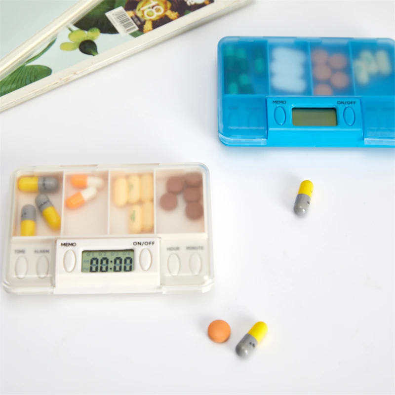 

4 Grid Intelligent Plastic Pill Box Electronic Timing Reminder Medicine Boxes Alarm Timer Pill Case Desk Organizer Pill Containe