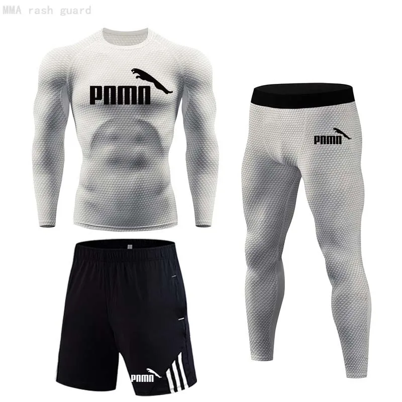 

Running Tights long Workout For Men 3 Piece set rashgard Male Compression Sportswear Running Top Training suits set Tracksuit
