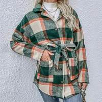 autumn winter plaid single breasted jacket wool blend lace up belt coat casual office warm overshirt ladies jackets chic tops