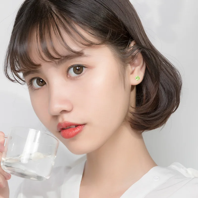 Женские серьги-гвоздики из серебра 925 пробы с 4 зелеными листьями | Украшения и