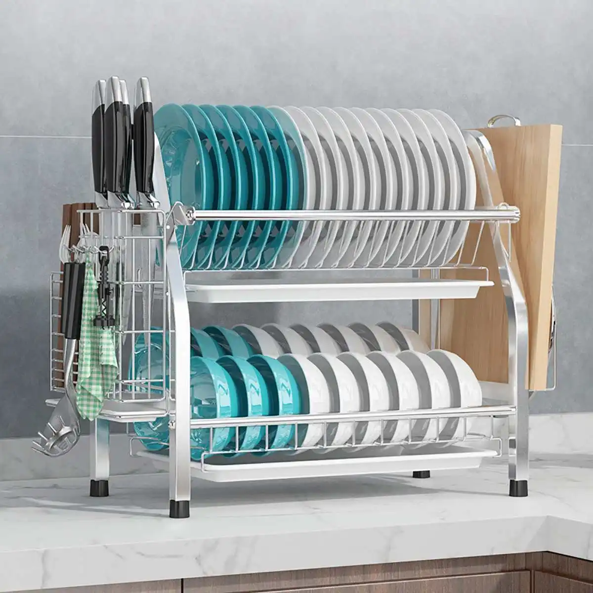 

2/3 Tiers Dishes Drying Rack with Drainboard Cutting Board Drainer Kitchen Countertop Utensils Organizer Storage Holder for Home