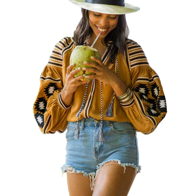 chic BOHO women Blouse geometirc embroidered Cotton shirt nine quarter lantern sleeve five colors loose Casual Women's Blouses | Женская