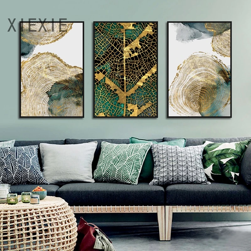 

Golden Annual Rings Leaves Canvas Painting Abstract Dark Green Watercolor Print Wall Art for Living Room House Decoration