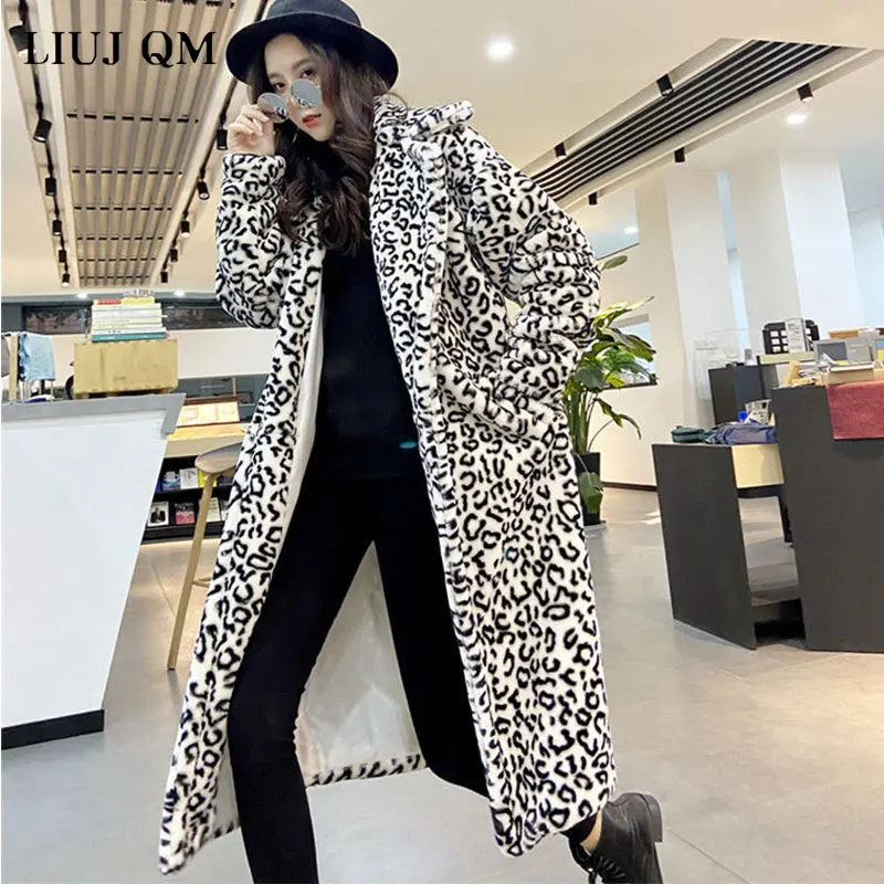 2022 Warm Winter Jacket Coat Women Korean Loose Lapel Faux Fur Coat Mink Velvet Female X-Long Thick Leopard Print Fur Coat Trend