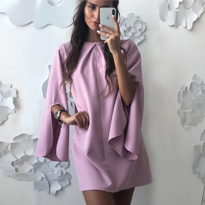 

Summer And Autumn Dress Ladies 2019 Casual Solid Color Loose Round Neck Button Cuff Split Dress Elegant Retro Banquet Dress